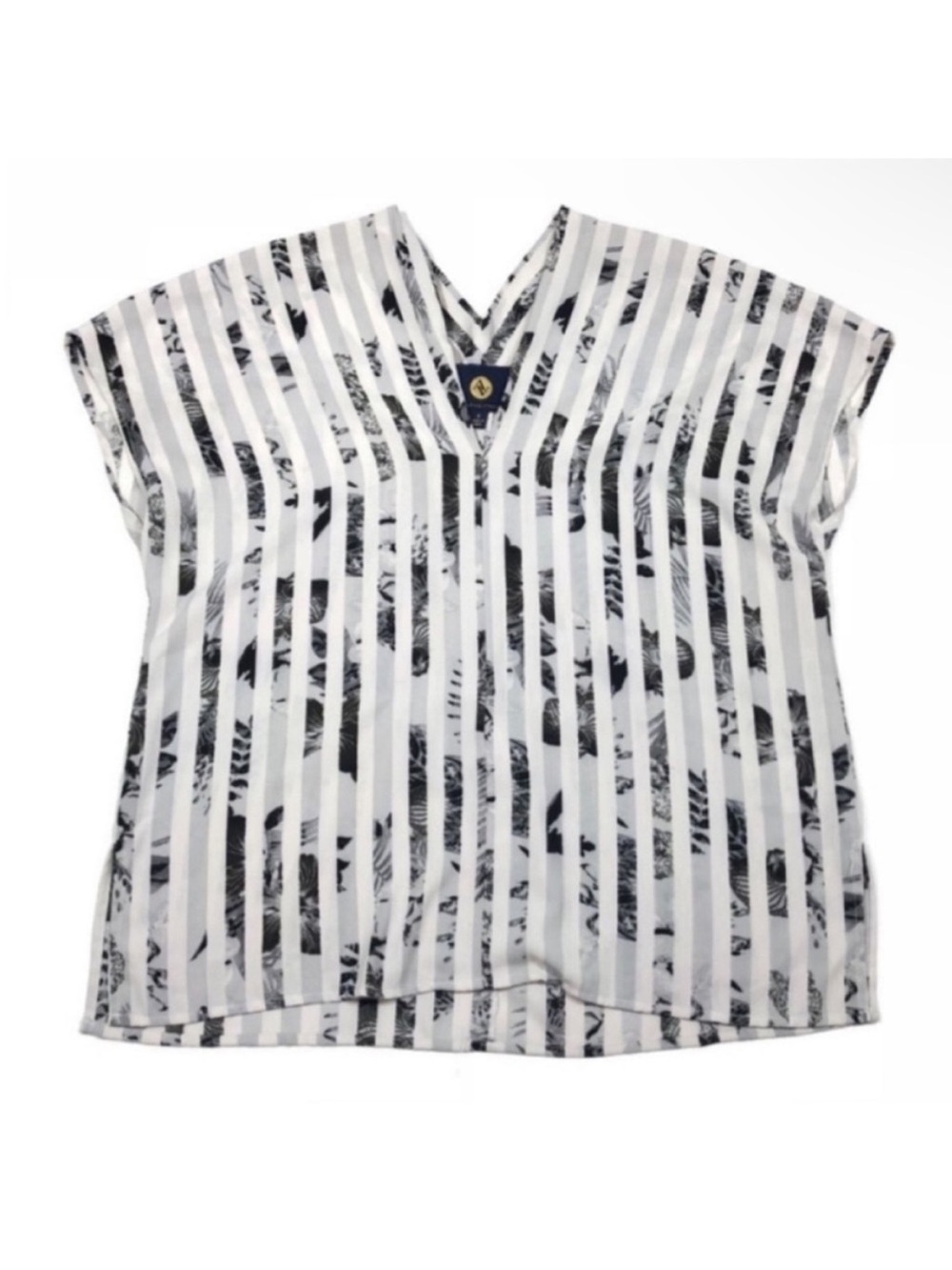 Adrienne Vittadini gray white black striped floral professional blouse small S